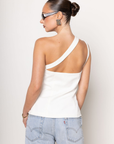 One shoulder button up top
Button down closure
Sleeveless
white one shoulder top
going out top