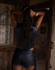 black Faux leather fringe mini shorts
Side fringe
5 pocket construction
Zipper and fly closure
Belt loops
Unlined
Coachella outfit
Stagecoach outfit
Festival outfit