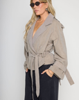green Cropped trench coat
Collared
Adjustable belt tie
Unlined
fall jacket
fall outfit
fall coat
green trench coat