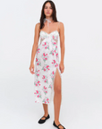 Floral printed satin maxi dress. Adjustable tie straps. Front slot. Adjustable back tie closures. Unlined for love and lemons dress. floral slip dress with lace detail and slit.