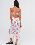 Floral printed satin maxi dress. Adjustable tie straps. Front slot. Adjustable back tie closures. Unlined for love and lemons dress. floral slip dress with lace detail and slit.