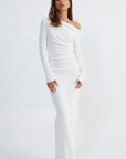 Ribbed knit maxi dress. Long sleeves. Ruched sides. Unlined. White dress. Asymmetrical shoulder. Off the shoulder dress. Engagement party dress. Bridal party dress