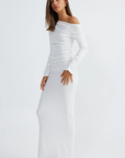 Ribbed knit maxi dress. Long sleeves. Ruched sides. Unlined. White dress. Asymmetrical shoulder. Off the shoulder dress. Engagement party dress. Bridal party dress