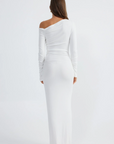 Ribbed knit maxi dress. Long sleeves. Ruched sides. Unlined. White dress. Asymmetrical shoulder. Off the shoulder dress. Engagement party dress. Bridal party dress