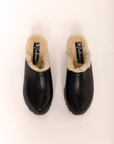 black leather fur lined clogs