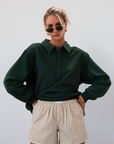 Knit top. Collar neckline. Front button down closure. Unlined. green sweatshirt. fall outfit. fall top. fall transition. cute casual outfit.