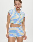 striped Striped terry cloth booty shorts
Smocked waistband
Low waisted shorts
Cozy terry cloth fabric