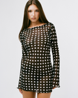 Sheer chiffon polka dot mini dress
Long sleeve
sheer black and white polka dot mini dress