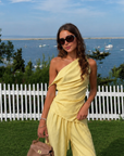 yellow Striped off the shoulder top
Asymmetrical hem
Twisted strap
Side zipper
Unlined
hamptons east coast outfit