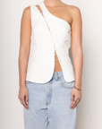 One shoulder button up top
Button down closure
Sleeveless
white one shoulder top
going out top