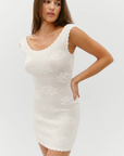 white Crochet mini dress
Custom rose motif layout
Wear the wide neckline on or off the shoulder for styling versatility
Body contouring fit
Custom crochet trim
Custom crochet rose motifs