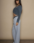Woven wide leg pants. Hook and eye and zipper fly. Side pockets. Faux back pocket. Unlined. grey slacks. gray slacks. work pants. work slats.