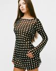 Sheer chiffon polka dot mini dress
Long sleeve
sheer black and white polka dot mini dress