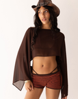 brown sheer cropped long sleeve
unlined
festival outfit
coachella outfit
stagecoach outfit