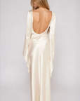 White Ivory Satin maxi dress
Asymmetrical long sleeve hem
Open back
Side zipper closure
Bridal dress
