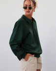 Knit top. Collar neckline. Front button down closure. Unlined. green sweatshirt. fall outfit. fall top. fall transition. cute casual outfit.