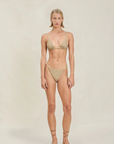 Triangle metallic bikini top
Adjustable straps
Shimmer detailing
gold bikini top
