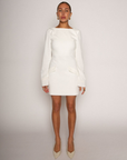 Stretch woven long sleeve dress
white mini long sleeve dress
Boatneck
Faux front pockets
Open back
Back hook and eye and zipper closures
Partially lined
Raw edge hem
bridal shower dress
night before dress
bridal dress