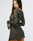 Sheer chiffon polka dot mini dress
Long sleeve
sheer black and white polka dot mini dress