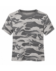 grey Camo short sleeve top
Contrast crew neckline
Short sleeve
Unlined