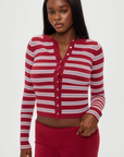 red white and blue Striped button down cardigan
Exaggerated long sleeves
Ribbed accents
Snug sculpting fit
Anti-Pilling Acrylic/Polyester/Modal/Nylon