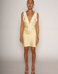 yellow Satin sleeveless mini dress
Front tie closure
Side hook and eye and zipper closures
Lace trim
Partially lined
summer satin mini dress
spring satin mini dress