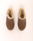 taupe seude fur lined clogs
