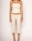 TOP
Tube top
Sweater material
Unlined
Length: 14"
Polyester/Spandex
BOTTOM
Capri pant
Sweater material
Fold over
Length: 28.5"
Polyester/Spandex
cream tube top and capri pant set
