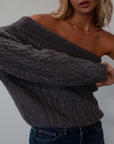 grey Mixed knit sweater. Folded neckline. One long sleeve. Unlined. fall sweater. fall outfit.