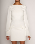 Stretch woven long sleeve dress
white mini long sleeve dress
Boatneck
Faux front pockets
Open back
Back hook and eye and zipper closures
Partially lined
Raw edge hem
bridal shower dress
night before dress
bridal dress