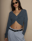 Fuzzy knit sweater. Long sleeves. Surplice neckline. Unlined. grey crop sweater. fall sweater. fall trendy sweater