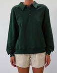 Knit top. Collar neckline. Front button down closure. Unlined. green sweatshirt. fall outfit. fall top. fall transition. cute casual outfit.