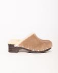 taupe seude fur lined clogs