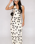 Satin polka dot maxi dress
Scoop neckine
Strapless
Side zipper closure
Unlined