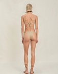 Triangle metallic bikini top
Adjustable straps
Shimmer detailing
gold bikini top