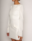 Stretch woven long sleeve dress
white mini long sleeve dress
Boatneck
Faux front pockets
Open back
Back hook and eye and zipper closures
Partially lined
Raw edge hem
bridal shower dress
night before dress
bridal dress