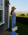 blue Striped off the shoulder top
Asymmetrical hem
Twisted strap
Side zipper
Unlined
hamptons east coast outfit