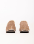 taupe seude fur lined clogs