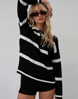 Fuzzy crochet knit striped sweater. Collar neckline. Front button closures. Unlined. fall top. fall outfit. fall sweater. striped polo sweater