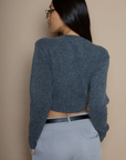 Fuzzy knit sweater. Long sleeves. Surplice neckline. Unlined. grey crop sweater. fall sweater. fall trendy sweater
