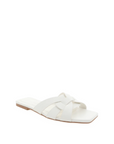 white Slide sandal
Slightly padded, flat sole
Open square toe
Thin, wide multi straps on toe
Easy slip on design
Open heel counter
summer sandal