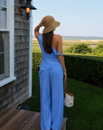 blue Striped off the shoulder top
Asymmetrical hem
Twisted strap
Side zipper
Unlined
hamptons east coast outfit