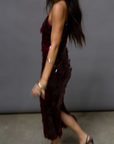burgundy Sequin maxi dress. Elastic straps. Back hook and eye and zipper closures. Back slit. Fully lined. holiday outfit. holiday dress. holiday inspo