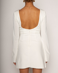 Stretch woven long sleeve dress
white mini long sleeve dress
Boatneck
Faux front pockets
Open back
Back hook and eye and zipper closures
Partially lined
Raw edge hem
bridal shower dress
night before dress
bridal dress