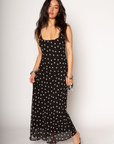 Polka dot printed chiffon maxi dress. Adjustable straps. Fully lined. polka dot maxi dress. wedding guest dress. summer dress