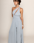 Woven linen halter maxi dress
V-neckline
Side slit
Raw edge
Partially lined
blue wedding guest dress
blue lightweight linen cotton maxi dress