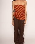 orange and brown Striped knit tube top
Asymmetrical hem
Elastic bust hem
Side cut outs
Side tie closure
Lined
going out tube top