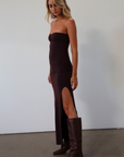 Knit maxi dress. Strapless neckline. Ruched front. Side slit. Partially lined. dark brown maxi dress. fall outfit. fall dress.