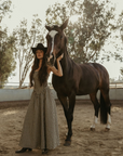 Plaid woven maxi dress. Elastic strapless neckline. Inner rubber grip lining. Elastic smocked back panel. Back hook and eye and zipper closures. Fully lined. Paid maxi dress. ranch outfit. western outfit