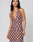 Polka dot maxi dress
Halter neckline
Adjustable neck tie
Ruched waist
V neckline
Partially lined
brown and blue polka dot maxi dress